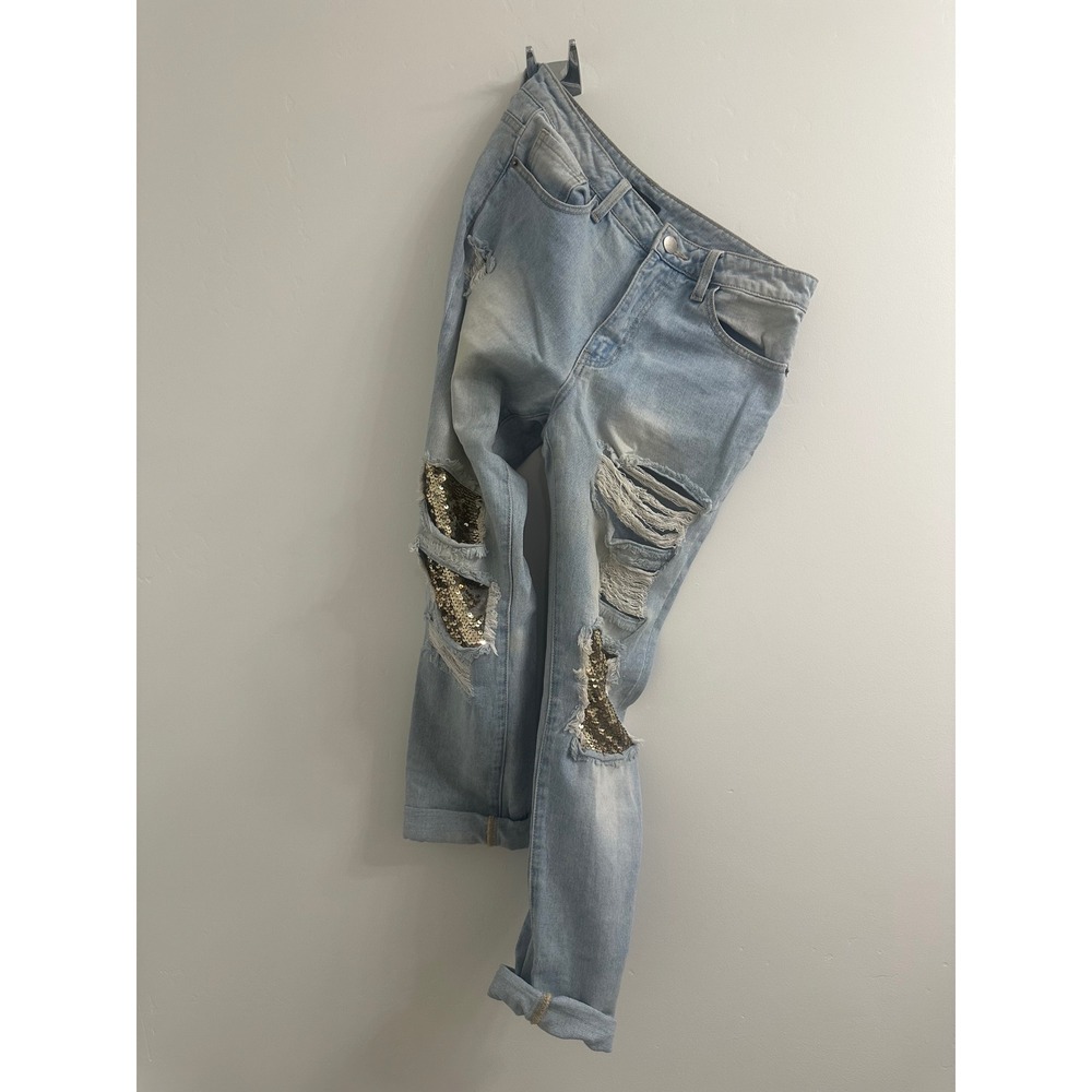 Forever 21 Distressed Gold Sequin Patch Jeans
